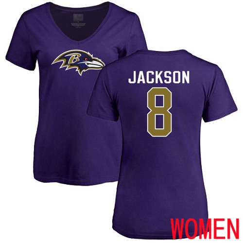 Baltimore Ravens Purple Women Lamar Jackson Name and Number Logo NFL Football #8 T Shirt